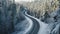 a Curvy windy road in snow covered forest. Top view. Generative Ai