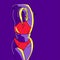 Curvy woman in line art style on purple background vector illustration. Attractive beautiful girl in a swimsuit