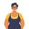 Curvy woman standing confidently, glasses, short hair. Plus size female, casual clothing