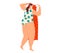 Curvy woman trying on summer dress, looks over shoulder. Body positivity, fashion choice vector illustration