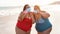 Curvy women friends taking selfie on the beach while wearing face mask for coronavirus spread prevention - Summer and healthcare