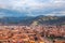 Cusco, view of centre and cityscape of city and mountains from above, Peru, South America