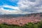 Cusco, view of centre and cityscape of city and mountains from above, Peru, South America