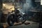 Custom Bobber Motorbike Standing in an Authentic Creative Workshop. AI Generation
