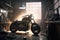Custom Bobber Motorbike Standing in an Authentic Creative Workshop. AI Generation