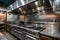 custom-built cooking station with commercial range, industrial vent hood, and granite countertop