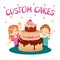 Custom cakes banner template. Happy Kids with sweets. Template for confectionery, sweet shops.