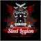 Custom motorcycles club Badge or Label With biker, wings and flame. Stell Legion.