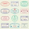 Custom and travel passport stamp set. International Airport visa stamps. Vector illustration