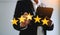 Customer or client the stars to complete five stars. with copy space. giving a five star rating. Service rating, satisfaction