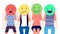 Customer feedback. People holding emoticons with different emotion. Clients review, social media comment marketing