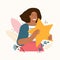 Customer feedback with a positive rank rating. User experience feedback of products and service. Women with golden star