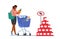 Customer in Grocery or Supermarket with Goods in Shopping Trolley Holding Bunch of Carrot in Hand. Woman Visiting Store