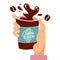 Customer hand holding splashing paper coffee cup with lettering quote It`s coffee o`clock. Vector flat cartoon