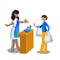 A customer pays wirelessly with a smartphone at a supermarket checkout. Cashier accepts payment. Vector flat design