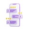 Customer review 3d render illustration - purple mobile phone with rating and comment on speech bubble.
