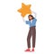 Customer Review and User Rating Star. Woman Hold Yellow Star to Rate Service or Goods. Client Female Character Feedback