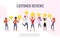 Customer reviews flat vector banner template. Happy users holding golden stars cartoon characters. Customers evaluating