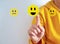 Customer satisfy rate service and Satisfaction concept, A finger touching the virtual screen on the happy Smiley star icon to give