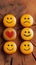 Customer sentiment Smiley faces on wooden buttons convey positive reviews