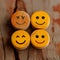 Customer sentiment Smiley faces on wooden buttons convey positive reviews