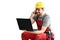 Customer service com craftsmen - workers with telephone and notebook on the construction site / white background
