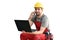 Customer service com craftsmen - workers with telephone and notebook on the construction site // white background