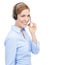 Customer service, face and woman at call center in studio isolated on a white background mock up. Crm, thinking and