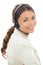 Customer service is my speciality. A young businesswoman wearing a headset glances over her shoulder, isolated in white.