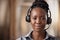 Customer support, black woman and portrait in call center, contact us and CRM with headset, face and mockup space