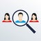 Customer target and human resources concept. Magnifier with male and female faces  inside. People searching with magnifying glass.