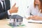 Customer or woman say yes to sign loan contract for buying new h