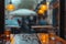 Customers sitting under umbrellas at a restaurant on a rainy day, A cafe view on a rainy day with blurry rain-washed glass, AI