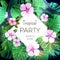 Customizable vector floral design template for summer party. Bright green ropical flyer with pink exotic flowers and