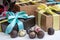 customized box of assorted truffles, with colorful wrap and ribbon for holiday gift