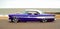 Customized Purple American vintage car on seafront promenade, sea and beach in background. .