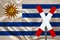 Customs sign, stop, attention on the background of the silk national flag of the country of Uruguay, the concept of border and