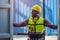 Customs staff worker in port shipping opening checking goods in container box