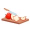 Cut apple into pieces, isometric cutting wooden board with fresh apple slices in kitchen
