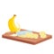 Cut banana, isometric chef knife cutting peeled banana into slices on wooden board