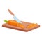 Cut carrot to cook healthy food, isometric kitchen knife cutting raw carrot slices