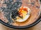 Cut egg, sesame seeds, nori in red golden broth of Hot miso soup in black and white plate on table. Top view. Dish of Japanese cui