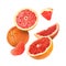 Cut fresh grapefruits flying on white background