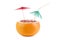 Cut grapefruit cocktail with umbrella, isolated on white