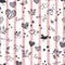 Cut hand drawn romantic seamless pattern, doodle hearts, birds, letters and type - great for textiles, banner, wallpapers, cards,