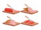 Cut meat and fish isometric set, chef knife cutting bacon ham sausage meat and salmon