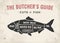 Cut of meat set. Poster Butcher diagram and scheme - Fish. Vintage typographic hand-drawn