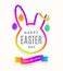 Cut from multicolored paper silhouette of a rabbit`s head with Easter greeting and hanging decorated eggs.
