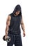 Cut-out athletic young guy in hoodie lifting a dumbbell bulging biceps