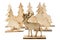 Cut out deer figure made of wood with dark edges and wooden fir trees